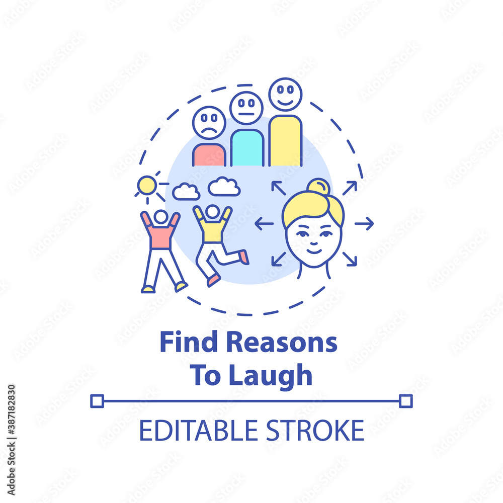 Find reasons to laugh concept icon. Self care checklist. Jokes telling. Happy lifestyle. Funny stories idea thin line illustration. Vector isolated outline RGB color drawing. Editable stroke Find reasons to laugh concept icon. Self care checklist. Jokes telling. Happy lifestyle. Funny stories idea thin line illustration. Vector isolated outline RGB color drawing. Editable stroke