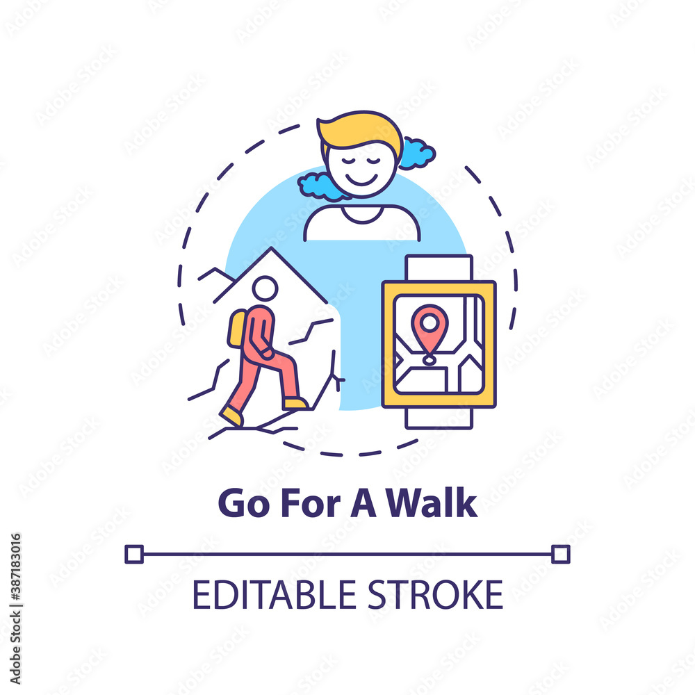 Go for a walk concept icon. Me time ideas. Healthy sport activities types. Outdoor body improving idea thin line illustration. Vector isolated outline RGB color drawing. Editable stroke
