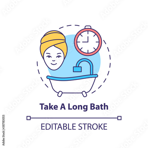 Take a long bath concept icon. Me time ideas. Relaxing spa day. Body cleaning advices. Self care idea thin line illustration. Vector isolated outline RGB color drawing. Editable stroke