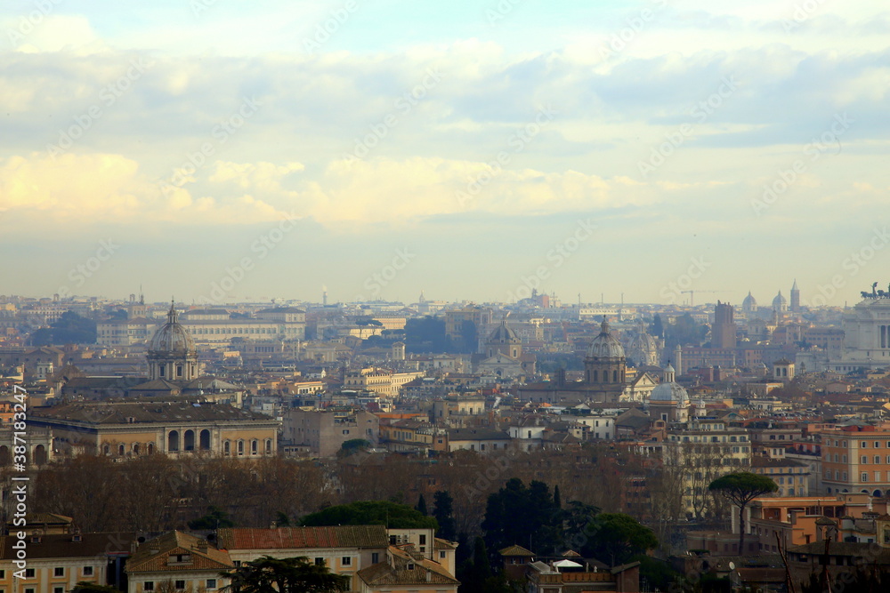 Mist on the morning panorama of Rome, Italy