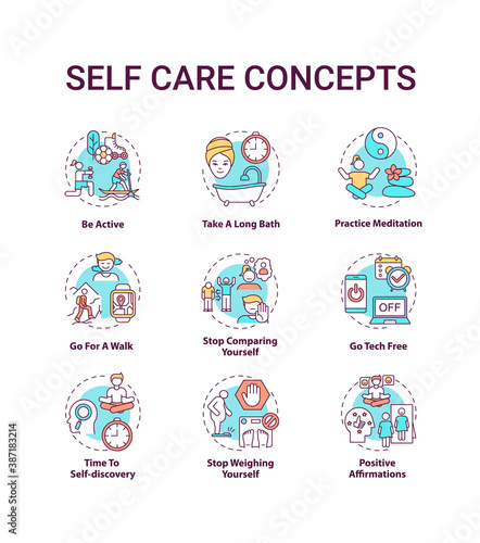 Self care concept icons set. Self care checklist. Self care practices. Body positivity tips idea thin line RGB color illustrations. Vector isolated outline drawings. Editable stroke