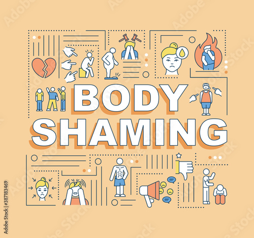 Body shaming word concepts banner. Criticism physical appearance. Discrimination. Infographics with linear icons on orange background. Isolated typography. Vector outline RGB color illustration