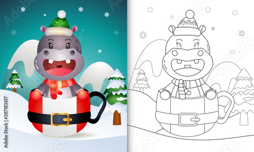 coloring book with a cute hippo christmas characters with a hat and scarf in the santa cup