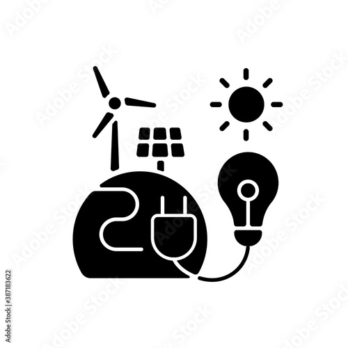 Energy sector black glyph icon. Renewable energy facilities. Solar and wind farms. Electricity generation. Environmental impact. Silhouette symbol on white space. Vector isolated illustration