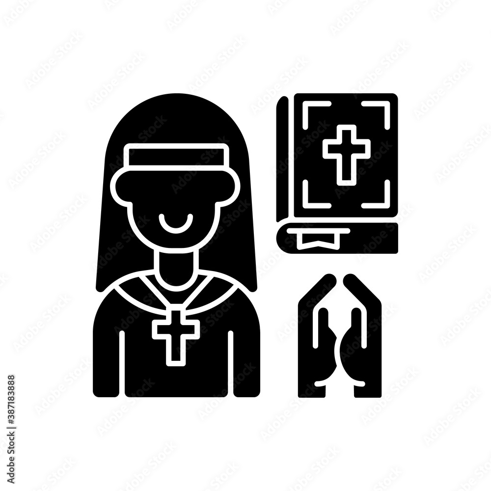 Clergy black glyph icon. Spiritual leaders. Religious duties. Church. Formal leaders within established religions. Specific rituals. Silhouette symbol on white space. Vector isolated illustration Clergy black glyph icon. Spiritual leaders. Religious duties. Church. Formal leaders within established religions. Specific rituals. Silhouette symbol on white space. Vector isolated illustration