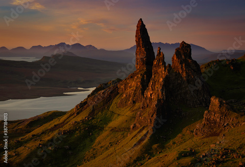 sunrise view of the old man of storr in the isle of skye