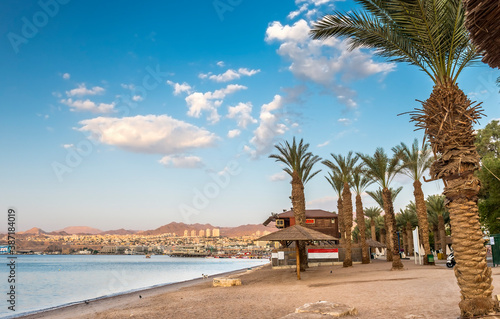 Morning and relaxing atmosphere on public beach of the Red Sea, Middle East 