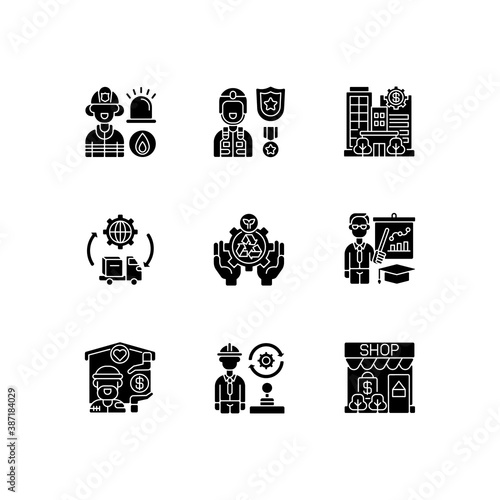 Key services black glyph icons set on white space. Firefighting. Public safety. Bank. Essential workers. Environmental services. Educators. Silhouette symbols. Vector isolated illustration