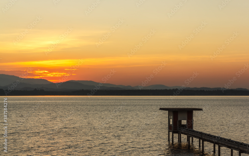 Reservoir with back mountain in nature