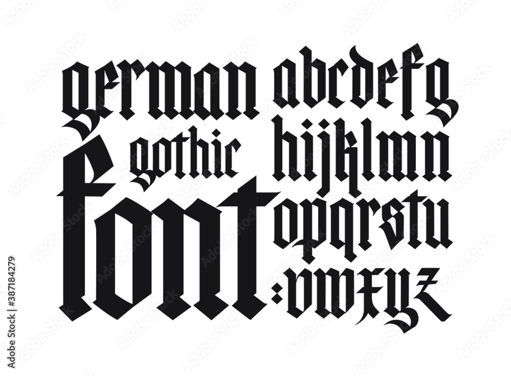 Gothic, English alphabet. Vector set. Font for tattoo, personal and commercial purposes. Elements isolated on white background. Calligraphy and lettering. Medieval Latin letters. Gothic, English alphabet. Vector set. Font for tattoo, personal and commercial purposes. Elements isolated on white background. Calligraphy and lettering. Medieval Latin letters.