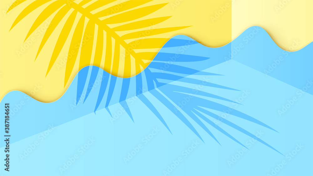 Corner room template decorated with ocean waves paper art and shadow of coconut leaves. Graphic design for Summer. Paper cut and craft style. vector, illustration.