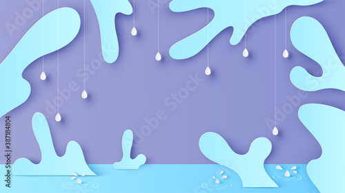 Rainy season scene with rain water splashing around frame and raindrops hanging down. Rainy season background. Paper cut and craft style. vector, illustration.
