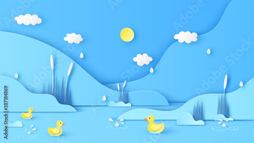 Natural scenery in Summer with drizzle and yellow ducks swimming in the river. Paper cut and craft style. vector, illustration.