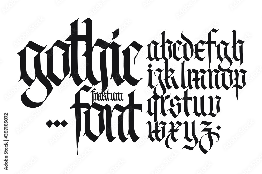 Gothic, English alphabet. Vector set. Font for tattoo, personal and commercial purposes. Elements isolated on white background. Calligraphy and lettering. Medieval Latin letters. Gothic, English alphabet. Vector set. Font for tattoo, personal and commercial purposes. Elements isolated on white background. Calligraphy and lettering. Medieval Latin letters.