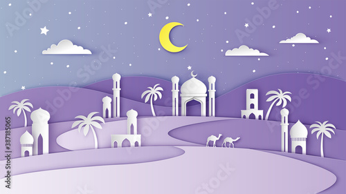 Illustration of desert city with a mosque on night of Ramadan Kareem. Scenery of Ramadan Kareem city at night. paper cut and craft style. vector, illustration.