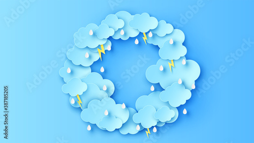 Illustration of rainy season sky in circle shape frame decorated with clouds, raindrop, lightning. Rainy season circle frame with blank space. paper cut and craft style. vector, illustration.