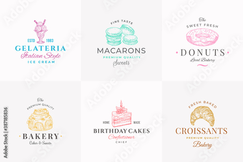 Premium Quality Confectionary Abstract Signs, Symbols or Logo Templates Collection. Hand Drawn Ice Cream, Donut and Cakes with Typography. Local Bakery Vector Emblems Concepts Set.