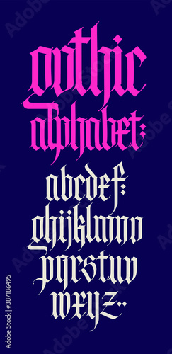 Gothic, English alphabet. Vector set. Font for tattoo, personal and commercial purposes. Elements isolated on white background. Calligraphy and lettering. Medieval Latin letters.