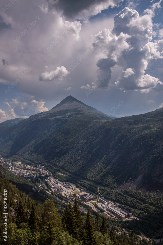 The Norwegian city of Rjukan, which was in the shade most of the year. Gaustadtoppen mountain above the city