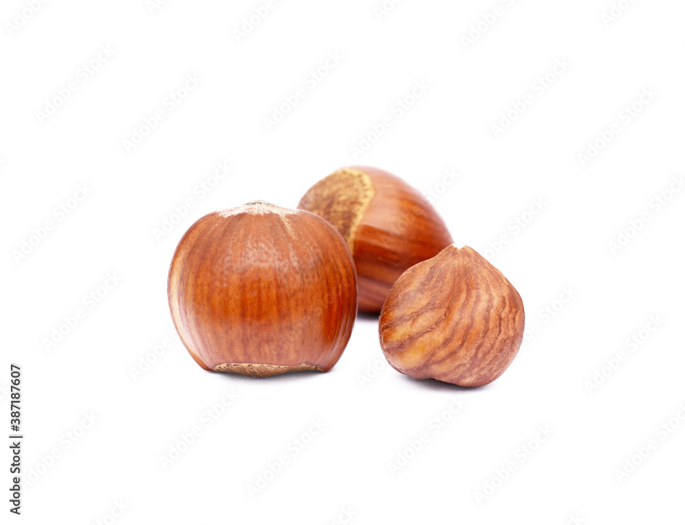 Group fresh hazelnuts isolated on white background Group fresh hazelnuts isolated on white background