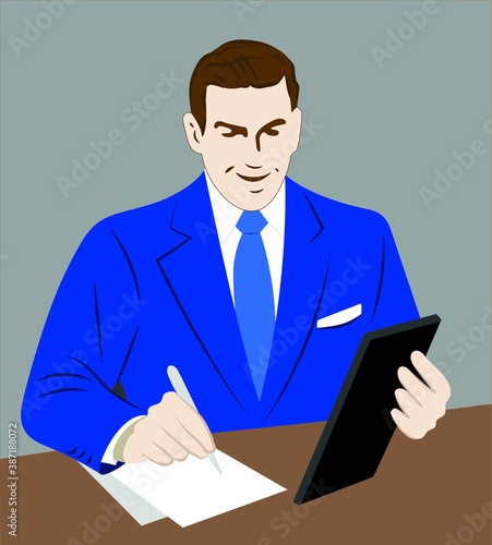 Businessman in blue suit signs documents in office