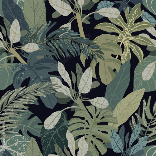 Seamless hand drawn tropical vector pattern with monstera and exotic palm leaves on dark background.