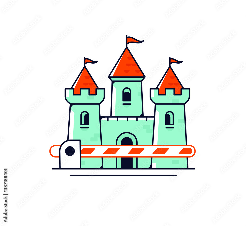 Medieval castle with a gate. Vector. No entry and exit icon. Allegory and metaphor of the restricted area. Outline flat style. Illustration for website or print.