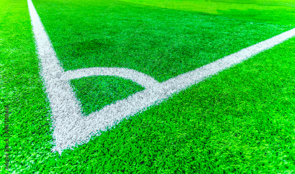 White line at the corner of the football field, artificial grass