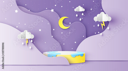 Circular stage podium with backdrop of the rainy season in night sky view. Rainy season at night scenery. paper cut and craft style. vector, illustration.