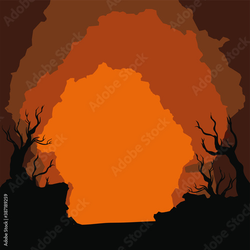 Weird Orange Sunset over Road and Dry Trees, Vector Illustration