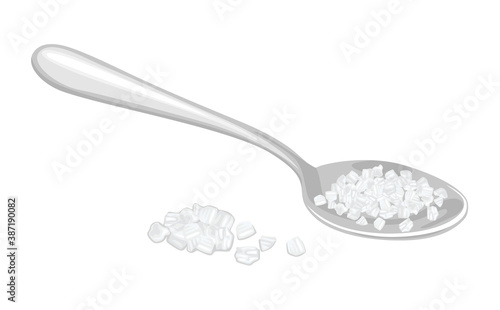 Salt in metal spoon isolated on white background. Vector illustration of condiments in cartoon flat style.