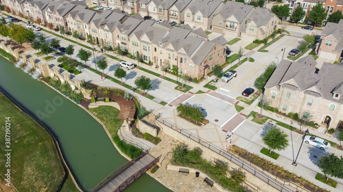 Aerial view riverside brand new two-story townhouses in downtown Flower Mound, Texas, US © trongnguyen