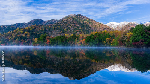 湯の湖 雪山と紅葉