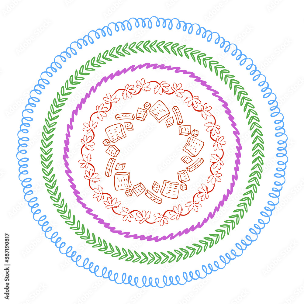 Vector set of hand drawn round frames. Vector isolated illustration. Brushes with corner tiles and ends are included in eps. Vector set of hand drawn round frames. Vector isolated illustration. Brushes with corner tiles and ends are included in eps.