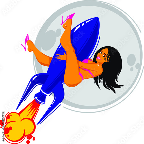 Illustration of a girl on a blue rocket. Vector. Retro pin-up poster of a woman on a bomb, on a background of the moon. Outline flat style. Illustration for website or print. Fatal female.