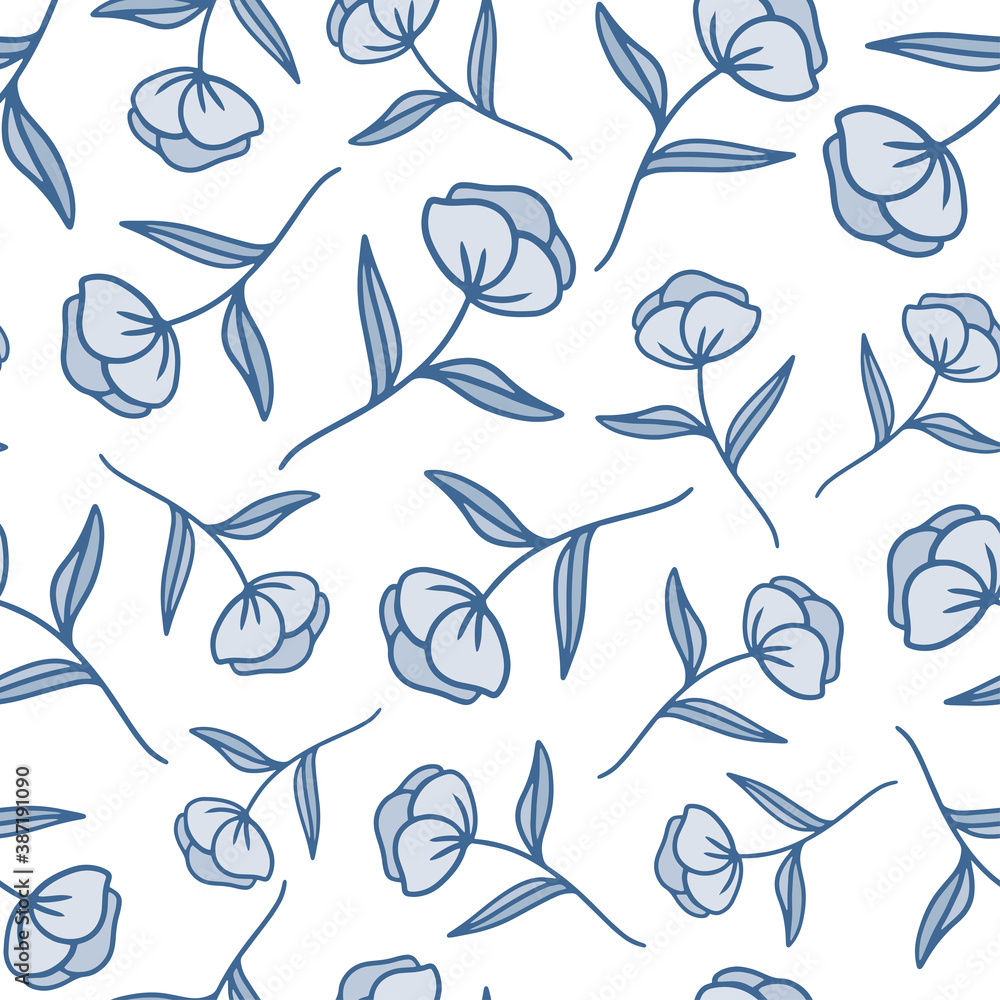 flower vector seamless pattern with hand-drawn blue tulips isolated on white background. can be used as Wallpaper, background, design of packaging paper, textiles, notebooks, clothing. 