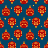 Hand-drawn illustration. Red Christmas balls on a blue background. Vector seamless background for gift wrapping, postcards, web, design, textiles.