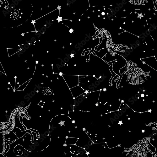 Cute monochrome seamless pattern with galaxy and white linear contour unicorns on black background. Vector illustration