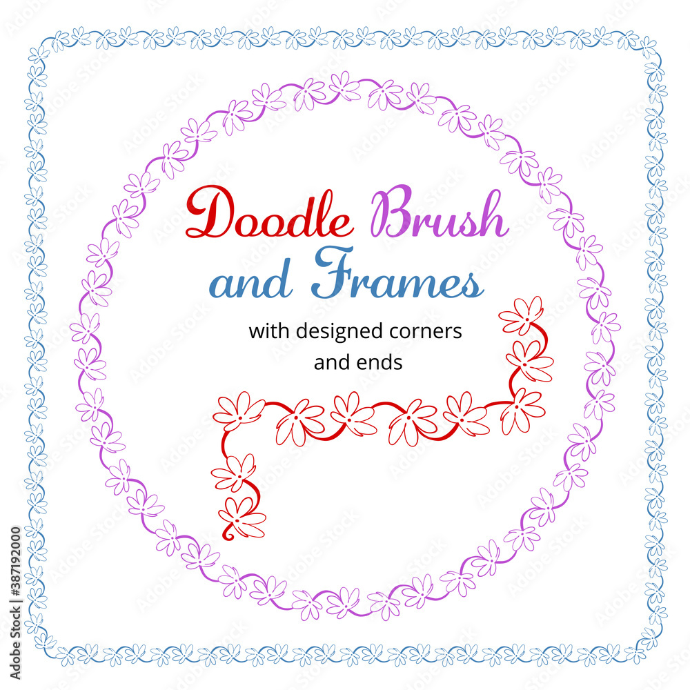 Vector round and square frames and hand drawn brush for them. Vector isolated illustration. Brush is included in eps.