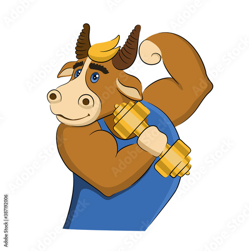 Cartoon smiling athletic bull or ox with dumbbell wearing a blue jersey. Vector illustration of funny animal. Symbol of 2021. Isolated on white.