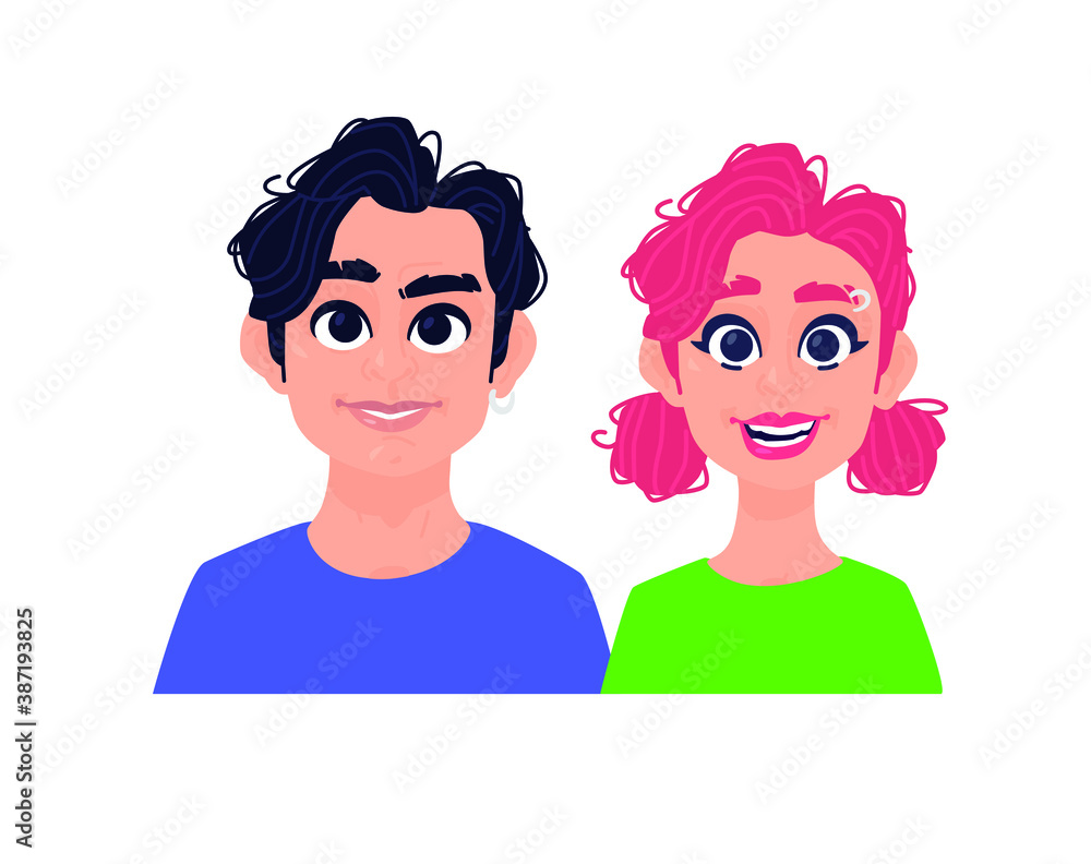 Illustration of a girl and a guy. Vector. A pair of a man and a redhead woman. Two characters for advertising and design. Vivid images with big eyes. Mature people in good physical shape. Illustration of a girl and a guy. Vector. A pair of a man and a redhead woman. Two characters for advertising and design. Vivid images with big eyes. Mature people in good physical shape.