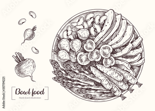 Bowl food. Superfood. Healthy recipe. Vector Hand Drawn. Sketch Illustration. Buddha bowl. Asparagus, carrots, avocado, radishes, beets, beans, cherry tomatoes