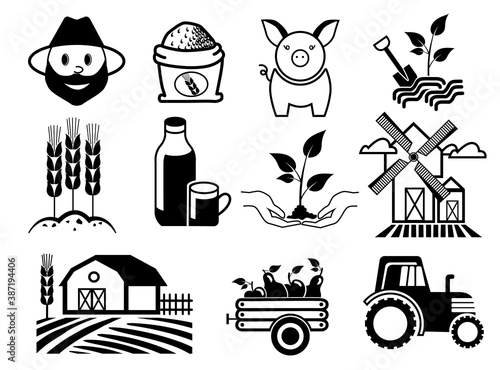 Set of agricultural and farming icons isolated on white background.Tractor, cow,windmill,weat,and vintage farm buildind on the field silhouette vector illustration for app design.