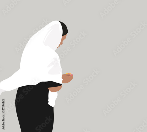 Veiled woman worshipper praying while holding flowers, flat design vector illustration