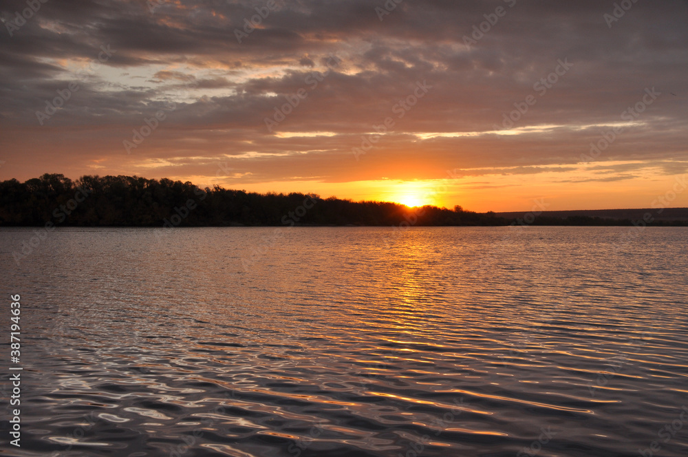 Fototapeta premium Beautiful sunrise on river. Landscape, nature, sun