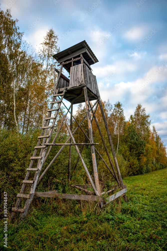 wooden hunting tower in meadow near autumn forest
