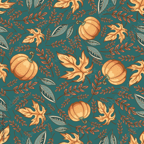 Autumn foliage and pumpkin seamless pattern on green background. Hand drawn autumn foliage with cute pumpkin vector background design for wrapping and digital paper.