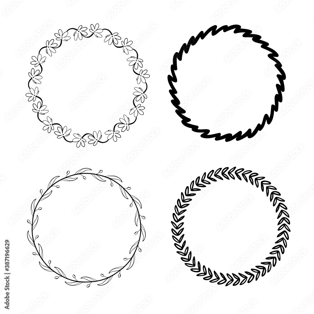 Vector set of hand drawn round frames. Vector isolated illustration. Brushes with corner tiles and ends are included in eps. Vector set of hand drawn round frames. Vector isolated illustration. Brushes with corner tiles and ends are included in eps.