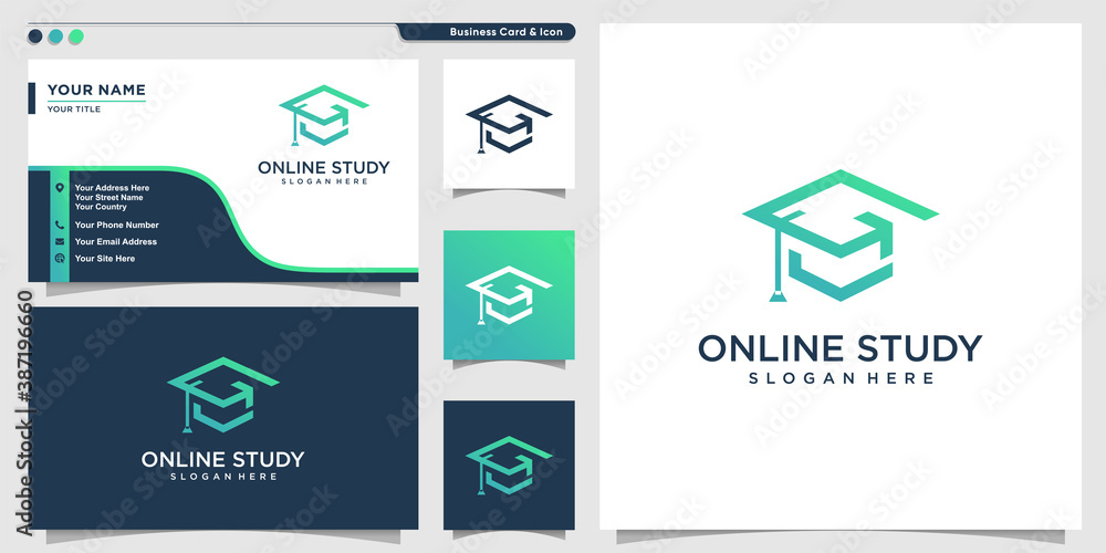 Online study logo with modern outline style and business card design Premium Vector