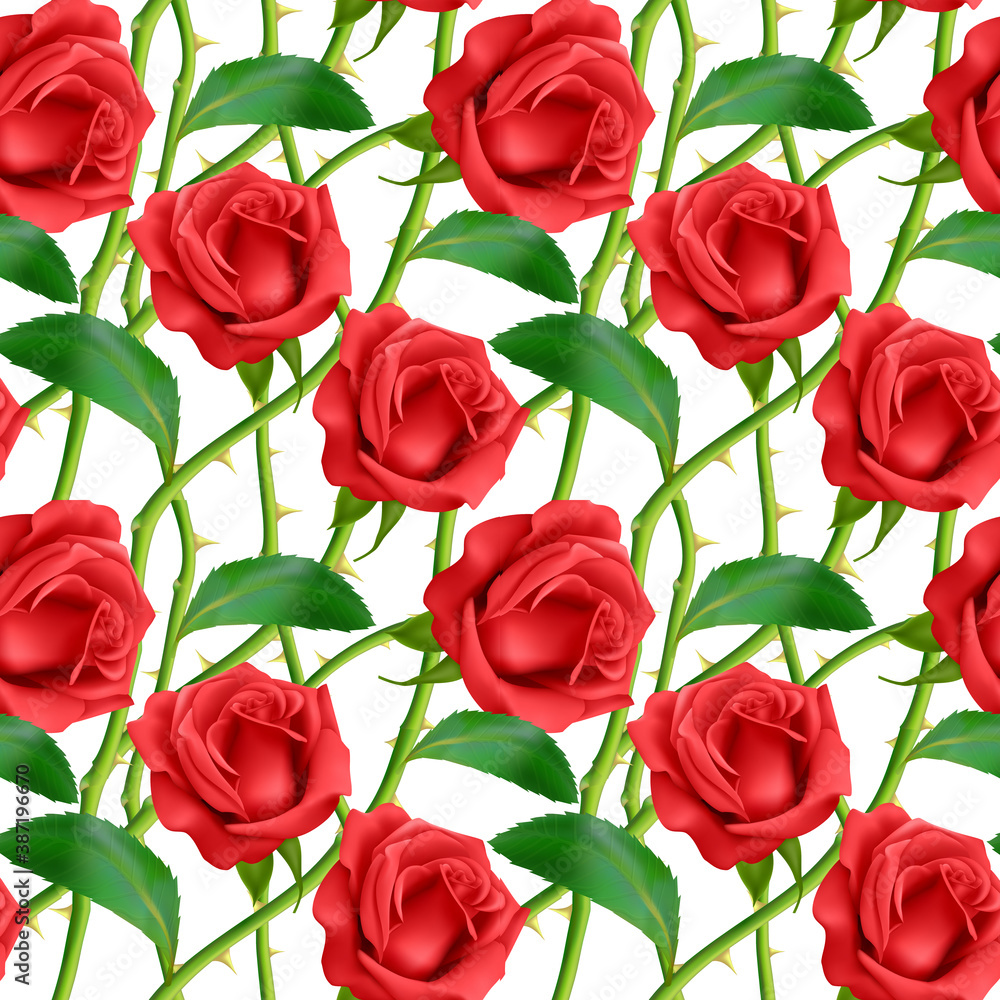 Seamless, endless pattern with roses and thorns, bright pink roses on